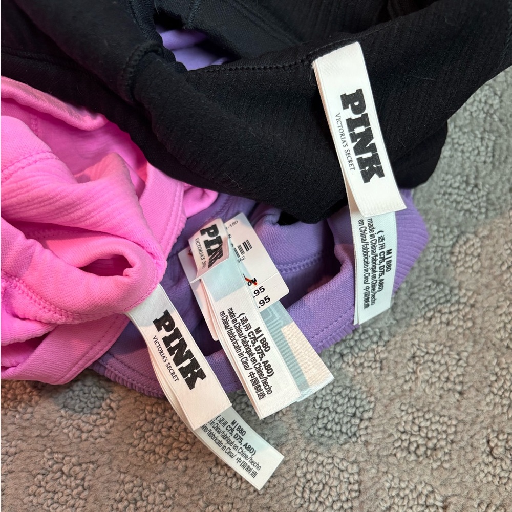 PINK Ribbed Scoop Bralette Trio in Hot Pink, Purple & Black, Size Medium - Picture 4 of 4
